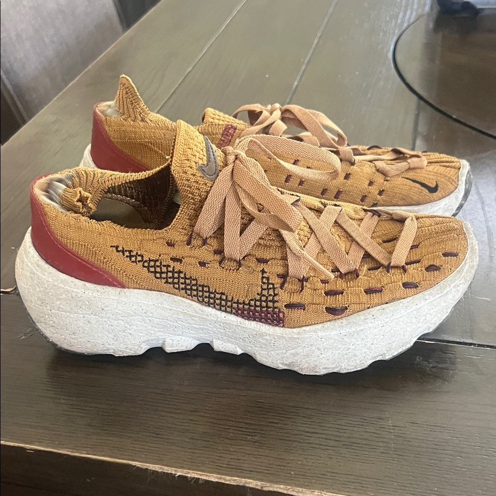 Nike Women's Knit Lace-Up Sneakers in Mustard and Burgundy